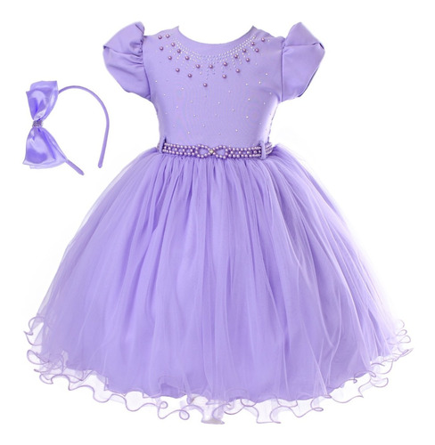 Vestido Infantil Lilás Princesa Sofia Realeza Luxo + Tiara